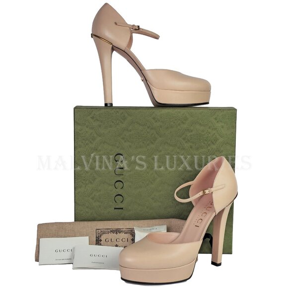 GUCCI SHOES PUMPS PINK LEATHER GG LOGO PLATFORM HIGH HEEL sz 40 10 - Picture 2 of 16